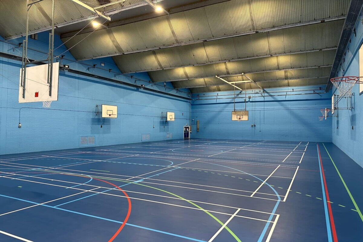 A shot of the end result for the sports hall at friary school