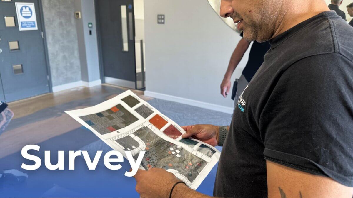 Interior shot of flooring installer with survey text showcasing the step by step process of contacting flr group